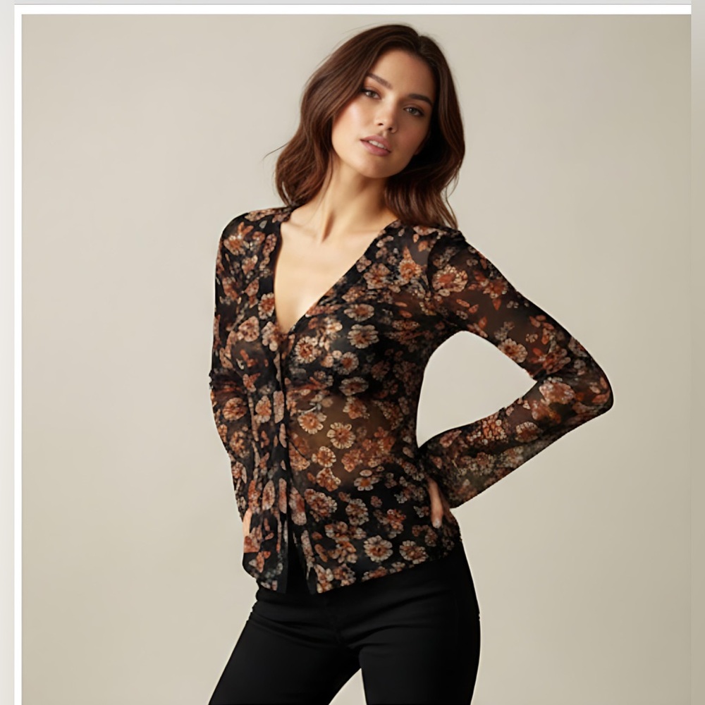 Boho Floral Print Blouse Brown - Picture 3 of 7